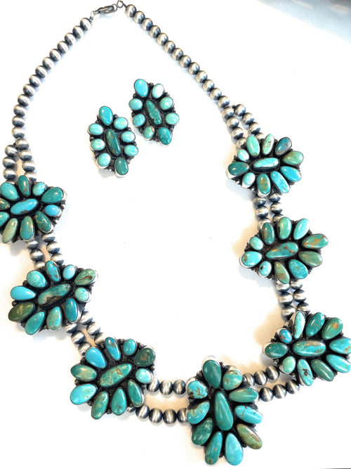 Navajo Beaded Sterling Silver & Royston Turquoise Necklace & Earring Set by Ella Peter