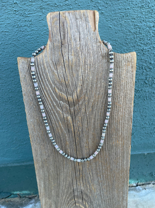 Handcrafted Pink Conch & Sterling Silver Beaded Necklace 18-20”