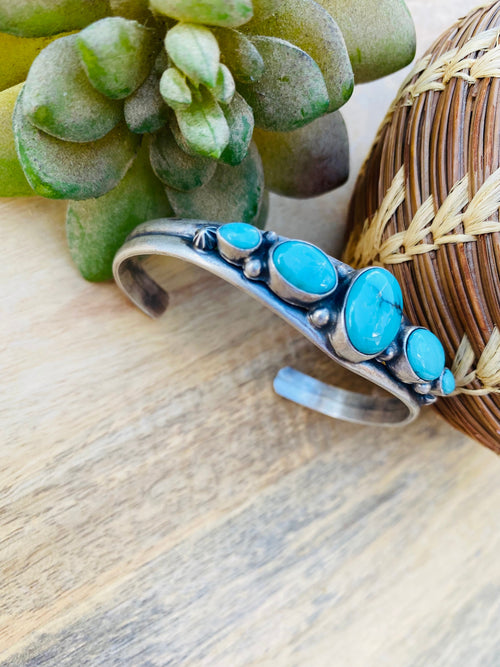 Handcrafted Vintage Turquoise & Sterling Silver Five Stone Cuff Bracelet Signed /