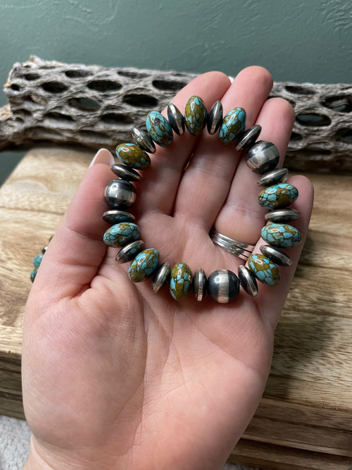 Handcrafted Sterling Silver Stretchy Natural #8 Turquoise Beaded Bracelet 12 mm pearl