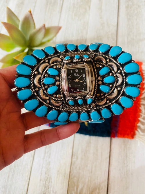 Old Pawn Vintage Navajo Turquoise & Sterling Silver Cluster Watch Cuff /