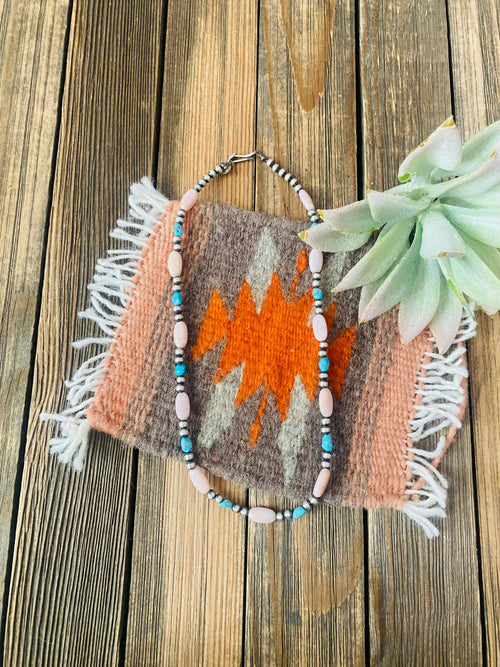 Handcrafted Sterling Silver Pearl, Turquoise & Queen Pink Conch Beaded Necklace 18”