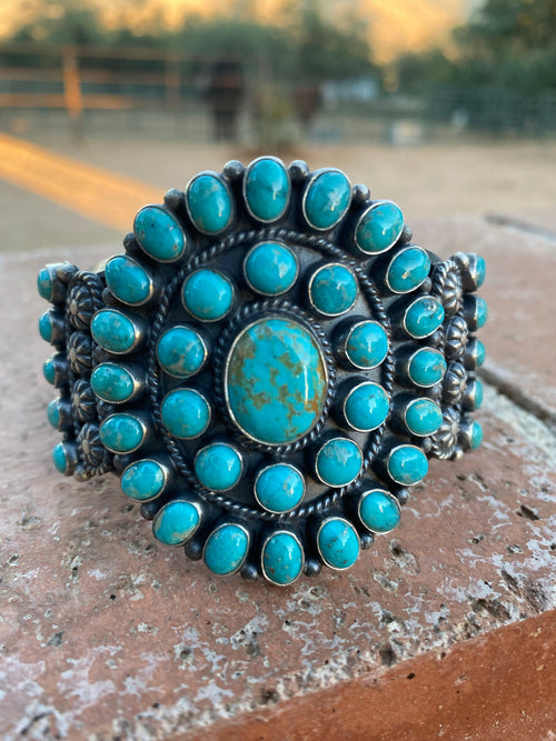 Handcrafted Vintage Turquoise & Sterling Cluster Cuff /