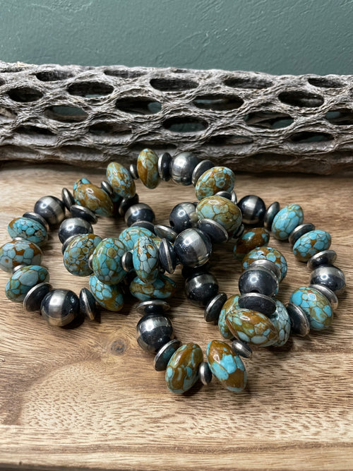 Handcrafted Sterling Silver Stretchy Natural #8 Turquoise Beaded Bracelet 16 mm pearl