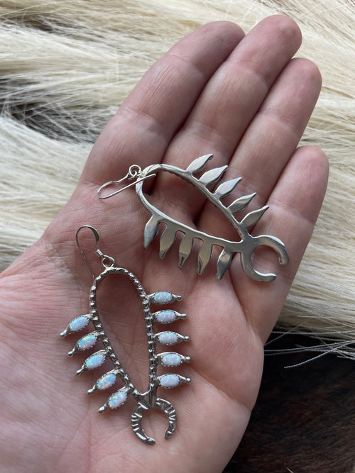 Handcrafted Sterling Silver & Opal Squash Blossom Dangle Earrings