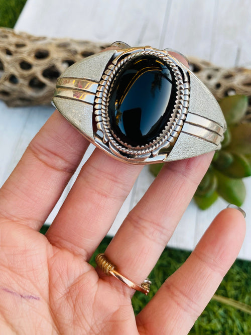 Handcrafted Vintage Onyx & Sterling Silver Cuff Bracelet Signed /