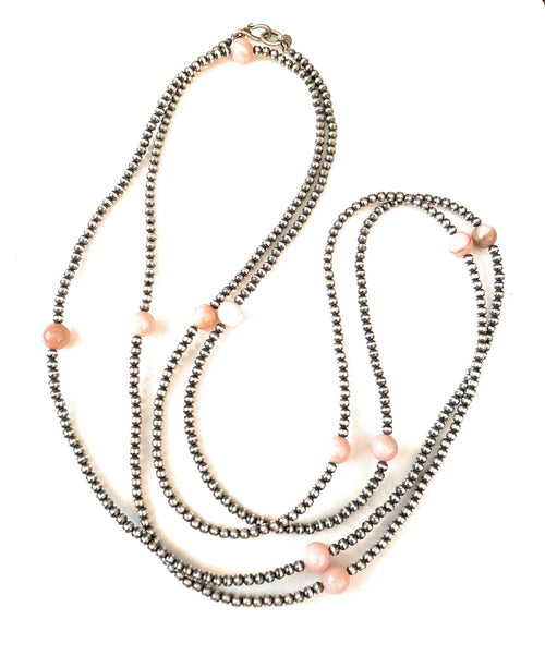 Handcrafted Sterling Silver Pearl & Pink Opal Beaded Necklace 72 inch