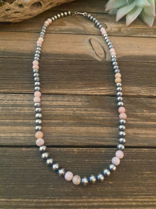 Navajo Sterling Silver Pearl & Pink Opal Beaded Necklace 20 inch