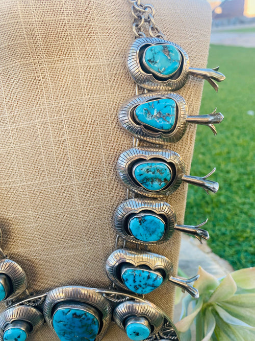 Handcrafted Vintage Kingman Turquoise & Sterling Silver Squash Blossom Necklace