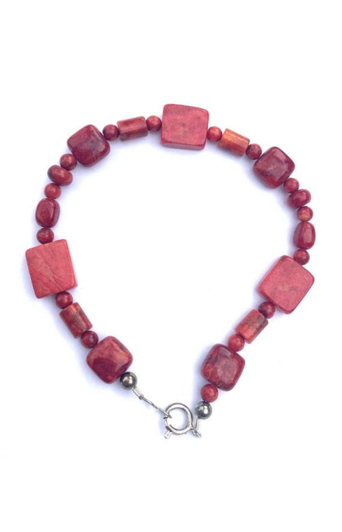 Handcrafted Apple Coral & Sterling Silver Beaded Bracelet