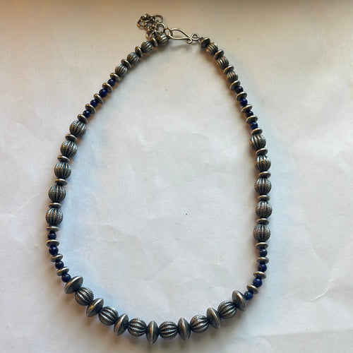 Handmade Sterling Silver & Lapis Beaded Necklace 16”