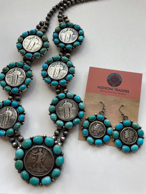 Handcrafted Turquoise & Sterling Silver Liberty Coin Necklace Earrings Set Signed Bea Tom