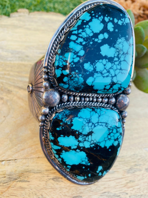 Handcrafted Incredible Vintage Turquoise & Sterling Silver Jumbo Cuff Bracelet /