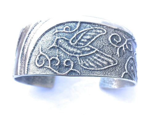 Handcrafted Vintage Sterling Silver Tufa Cast Hummingbird Cuff Bracelet