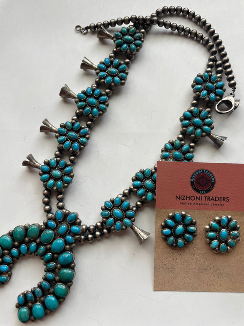Handcrafted Royston Turquoise & Sterling Squash Blossom Set by Kathleen Chavez