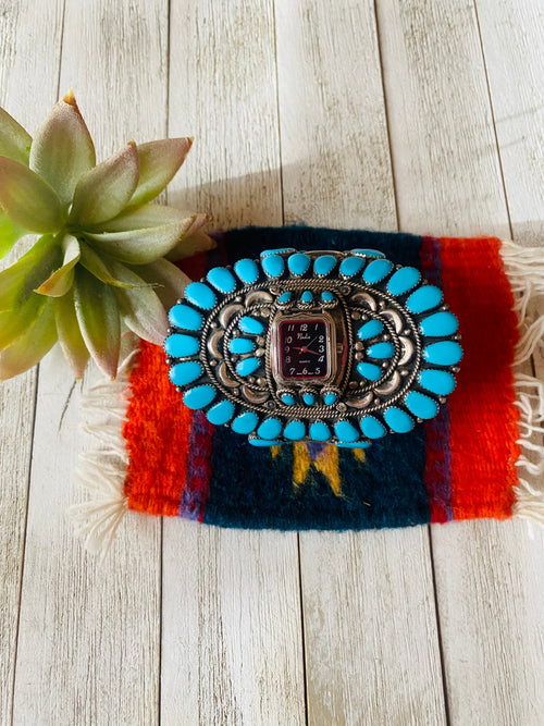 Old Pawn Vintage Navajo Turquoise & Sterling Silver Cluster Watch Cuff /