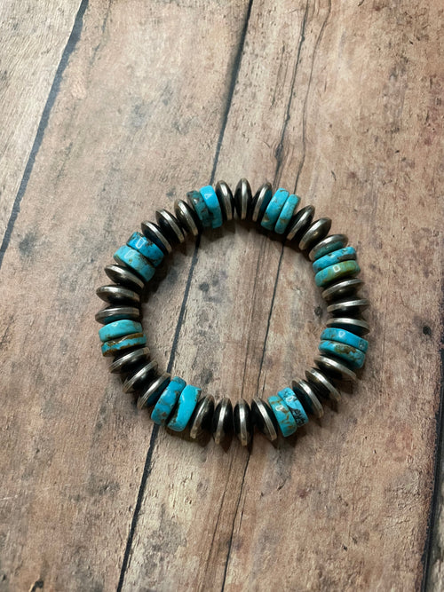 Handcrafted Sterling Silver Stretchy Natural #8 Turquoise Beaded Bracelet