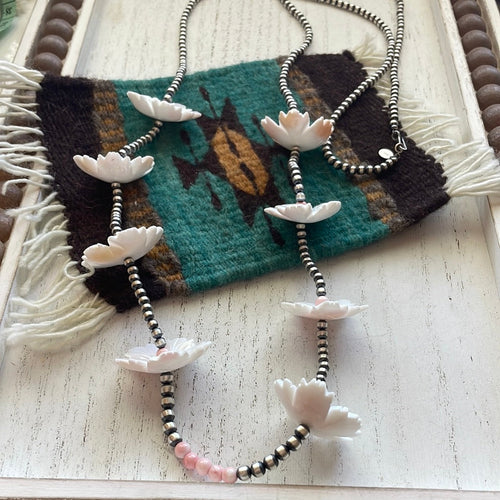 Handcrafted Pink Conch & Sterling Silver Flower Beaded Necklace 48”