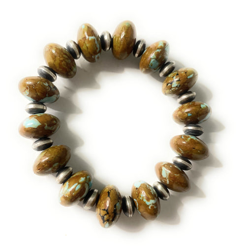 Handcrafted Sterling Silver Stretchy Natural #8 Turquoise Beaded Bracelet