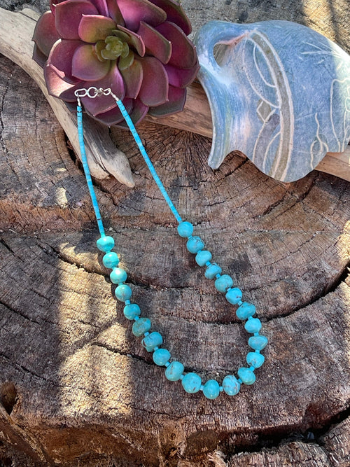 Handcrafted Sterling Silver Blue Turquoise Round Bead 16” Necklace