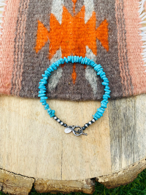 Navajo Sterling Silver Pearl & Turquoise Beaded Bracelet