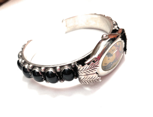Old Pawn Vintage Navajo Onyx & Sterling Silver Watch Cuff
