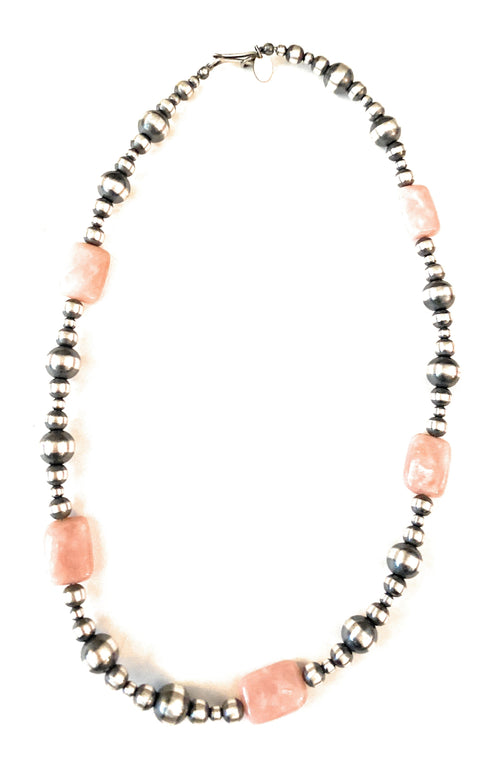Handcrafted Sterling Silver Pearl & Pink Opal Beaded Necklace
