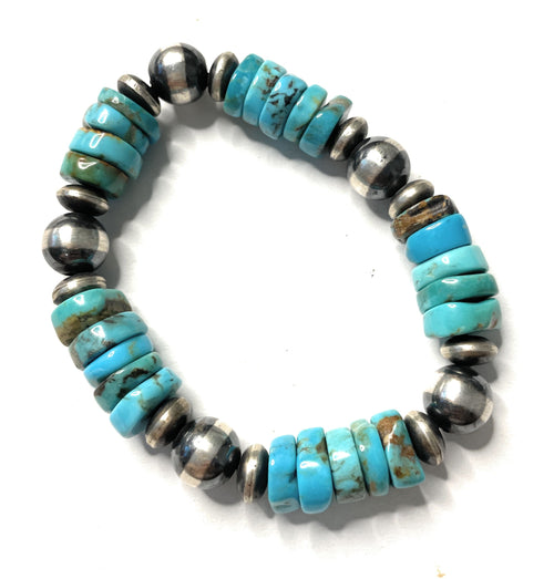 Handcrafted Sterling Silver Stretchy Natural #8 Turquoise Beaded Bracelet 12 mm pearl