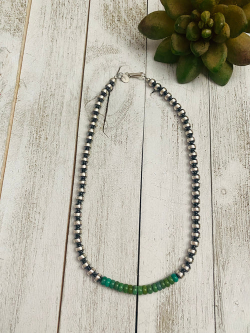 Handcrafted Turquoise & Sterling Silver Beaded 6mm Necklace 16”