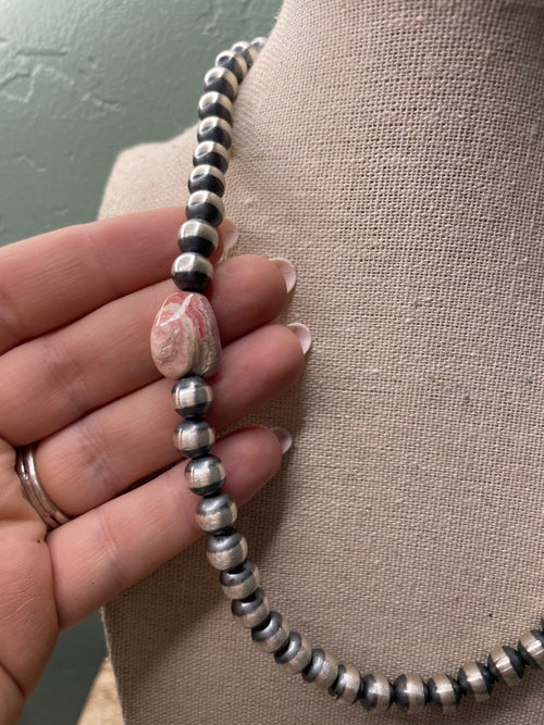 Handcrafted Sterling Silver And Rhodochrosite 8mm Beaded Necklace 18”