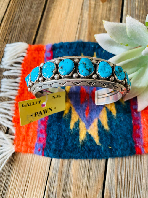 Navajo Old Pawn Vintage Kingman Turquoise & Sterling Silver Cuff Bracelet /