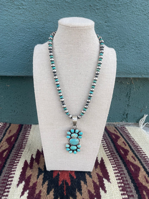 Beautiful Beaded Navajo Sterling Silver and Turquoise Necklace Signed Sheila Becenti