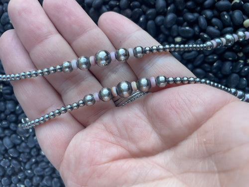 Handcrafted Pink Conch & Sterling Silver Beaded Necklace 18”