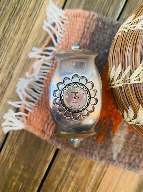 Old Pawn Vintage Navajo Turquoise & Hand Stamped Sterling Silver Watch Cuff-