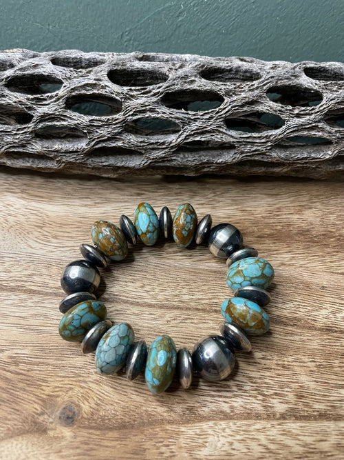 Handcrafted Sterling Silver Stretchy Natural #8 Turquoise Beaded Bracelet 16 mm pearl