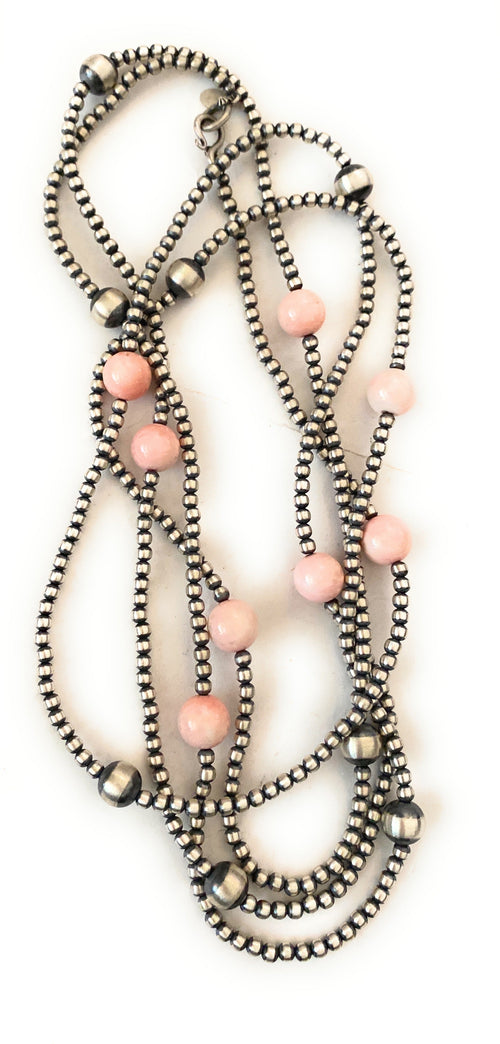 Handcrafted Sterling Silver Pearl, Turquoise & Queen Pink Conch Beaded Necklace 72”
