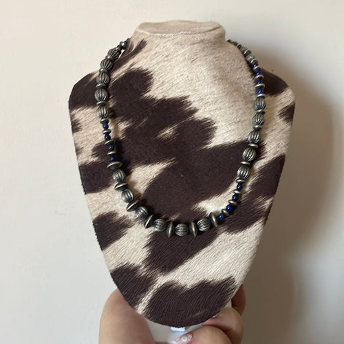 Handmade Sterling Silver & Lapis Beaded Necklace 16”