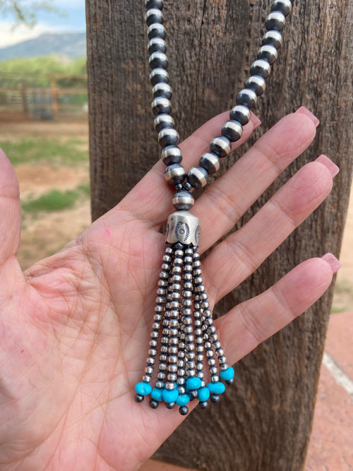Handcrafted Sterling Silver Beaded Turquoise Tassel Necklace