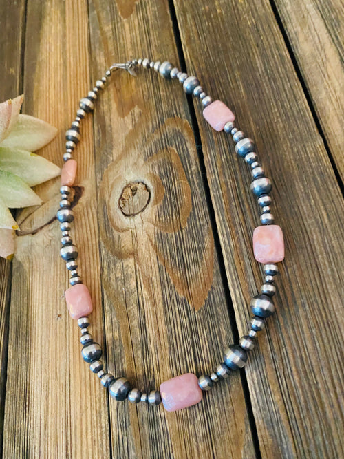 Handcrafted Sterling Silver Pearl & Pink Opal Beaded Necklace