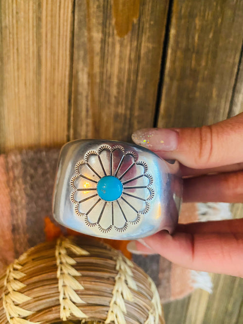 Old Pawn Vintage Navajo Turquoise & Hand Stamped Sterling Silver Watch Cuff-