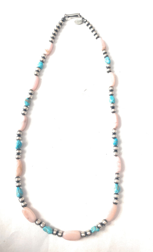 Handcrafted Sterling Silver Pearl, Turquoise & Queen Pink Conch Beaded Necklace 18”