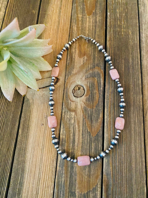 Handcrafted Sterling Silver Pearl & Pink Opal Beaded Necklace