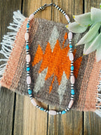 Handcrafted Sterling Silver Pearl, Turquoise & Queen Pink Conch Beaded Necklace 18”