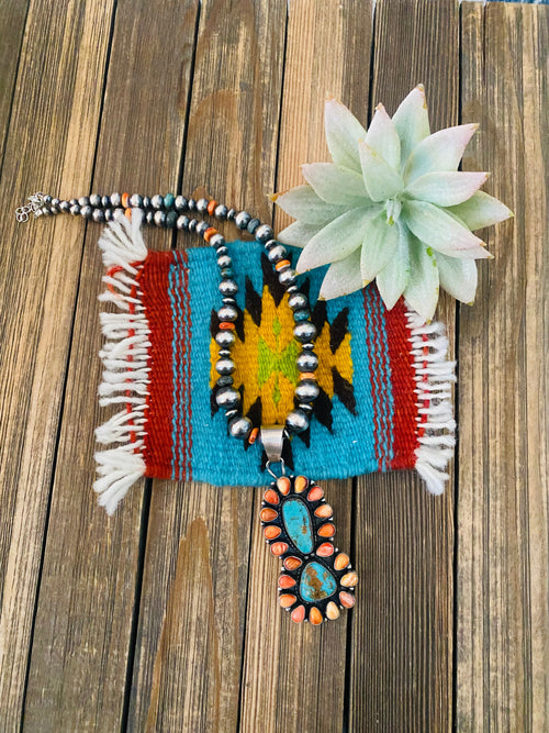 Navajo Sterling Silver, Turquoise & Spiny Oyster Beaded Necklace by Sheila Becenti