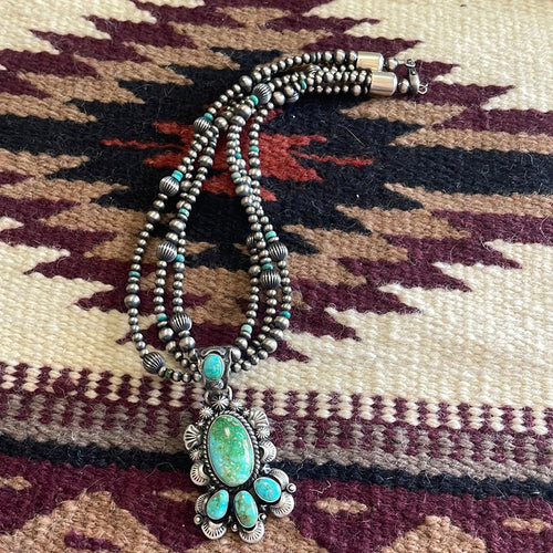 Beautiful Navajo Sterling Silver 3 Strand Beaded Turquoise Necklace With Pendant Signed Gilbert Tom