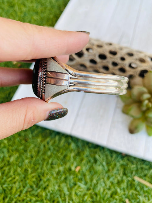Handcrafted Vintage Onyx & Sterling Silver Cuff Bracelet Signed /