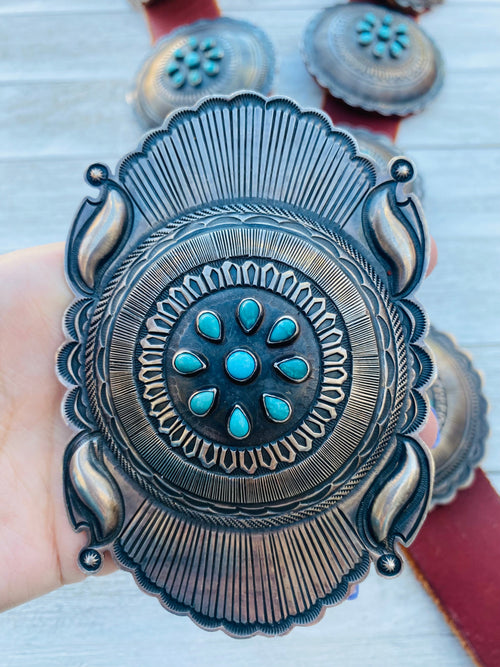 Handcrafted Vintage Brown Leather And Sterling Silver Turquoise Concho Belt