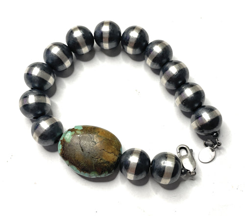 Handcrafted Sterling Silver Pearl 12mm Beaded Bracelet With Natural #8 Stone