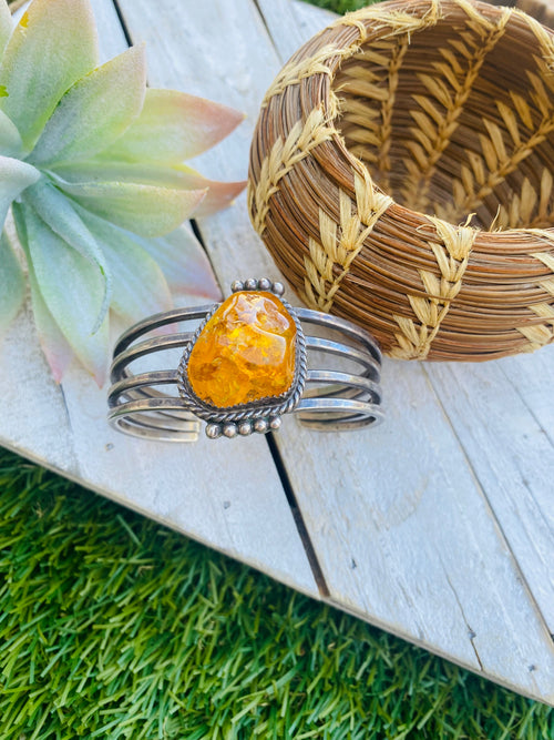 Handcrafted Vintage Topaz & Sterling Silver Cuff Bracelet Signed