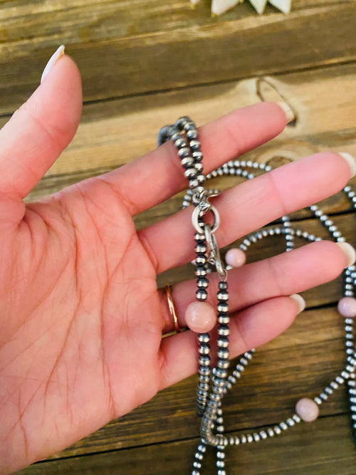 Handcrafted Sterling Silver Pearl & Pink Opal Beaded Necklace 72 inch
